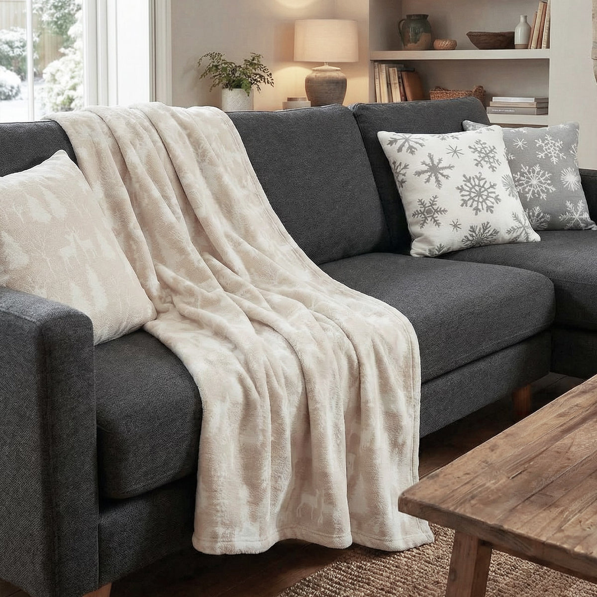 Deka WINTER stromy a soby béžová biela