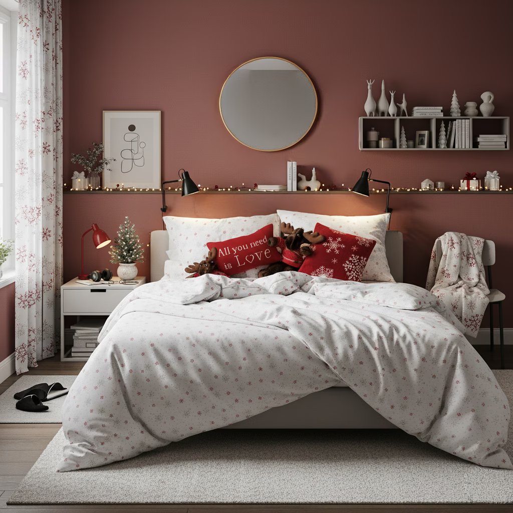 Obliečky FLANEL vločky biela červená sivá