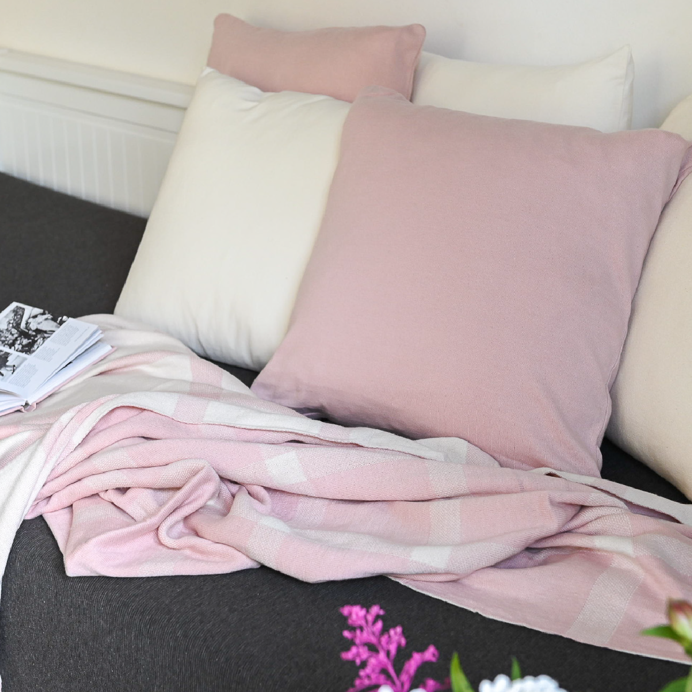 Deka pletená DESIGN káro ružová smotanová