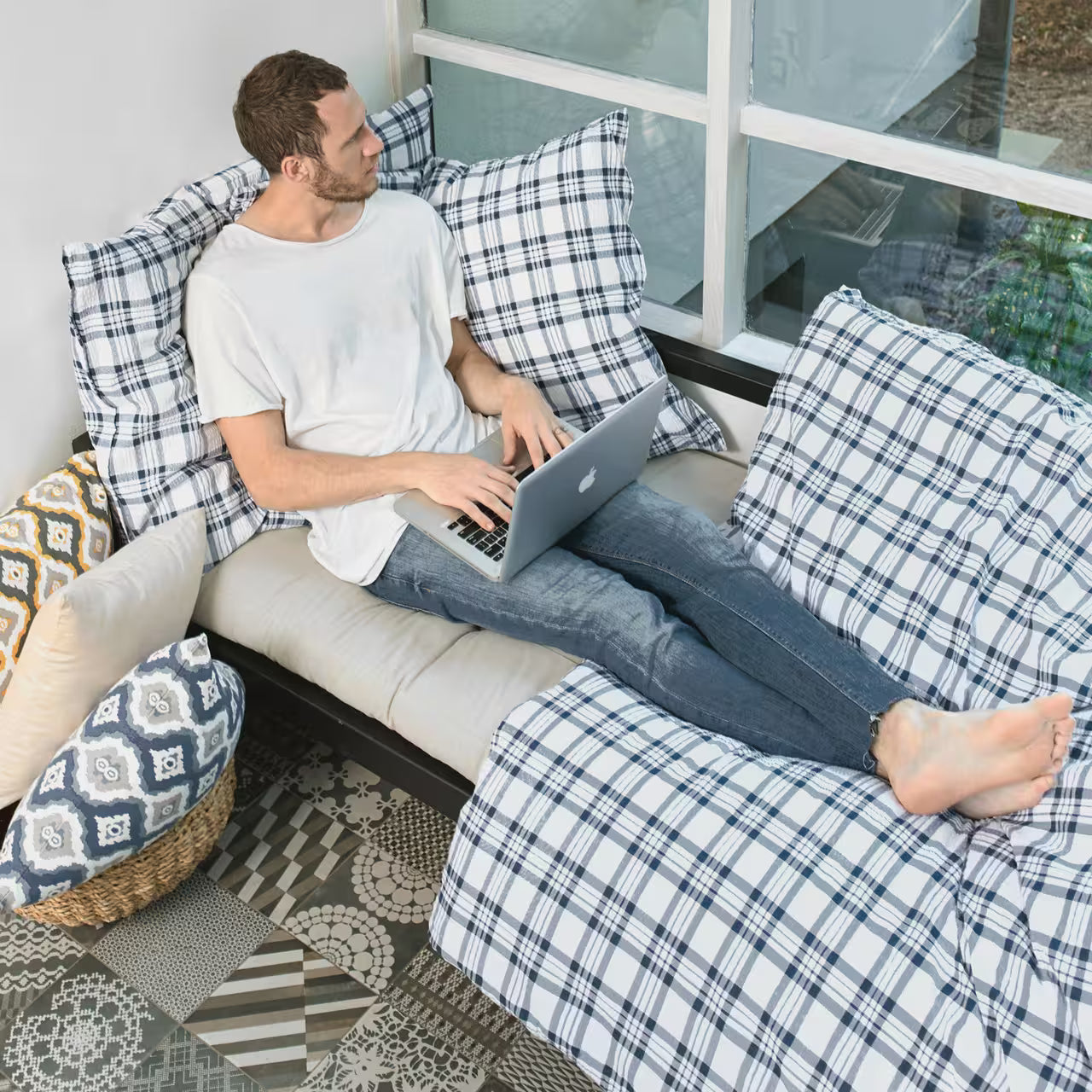 Obliečky KREP káro biela modrá