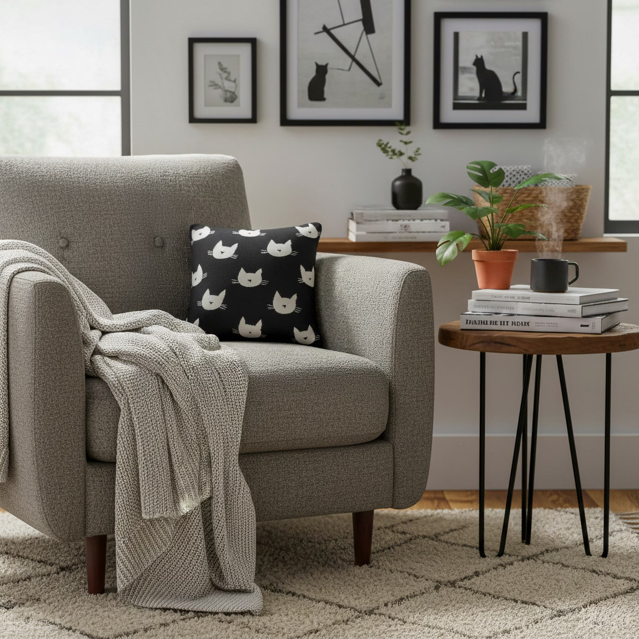 Dekoračný návlek pletený DESIGN mačičky čierna