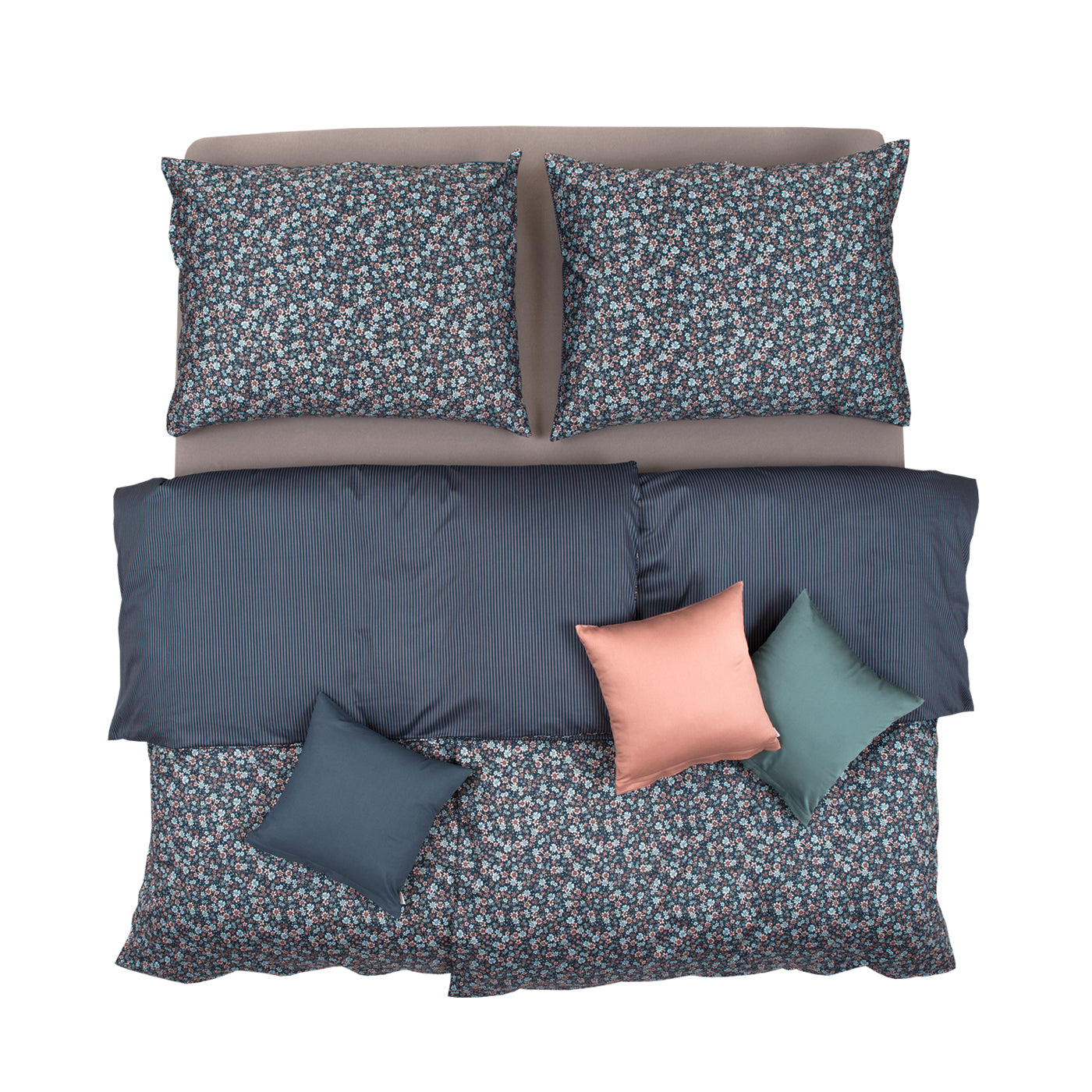 Obliečky SATÉN DESIGN kvietky prúžky tmavá modrá