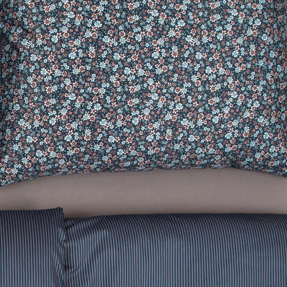 Obliečky SATÉN DESIGN kvietky prúžky tmavá modrá