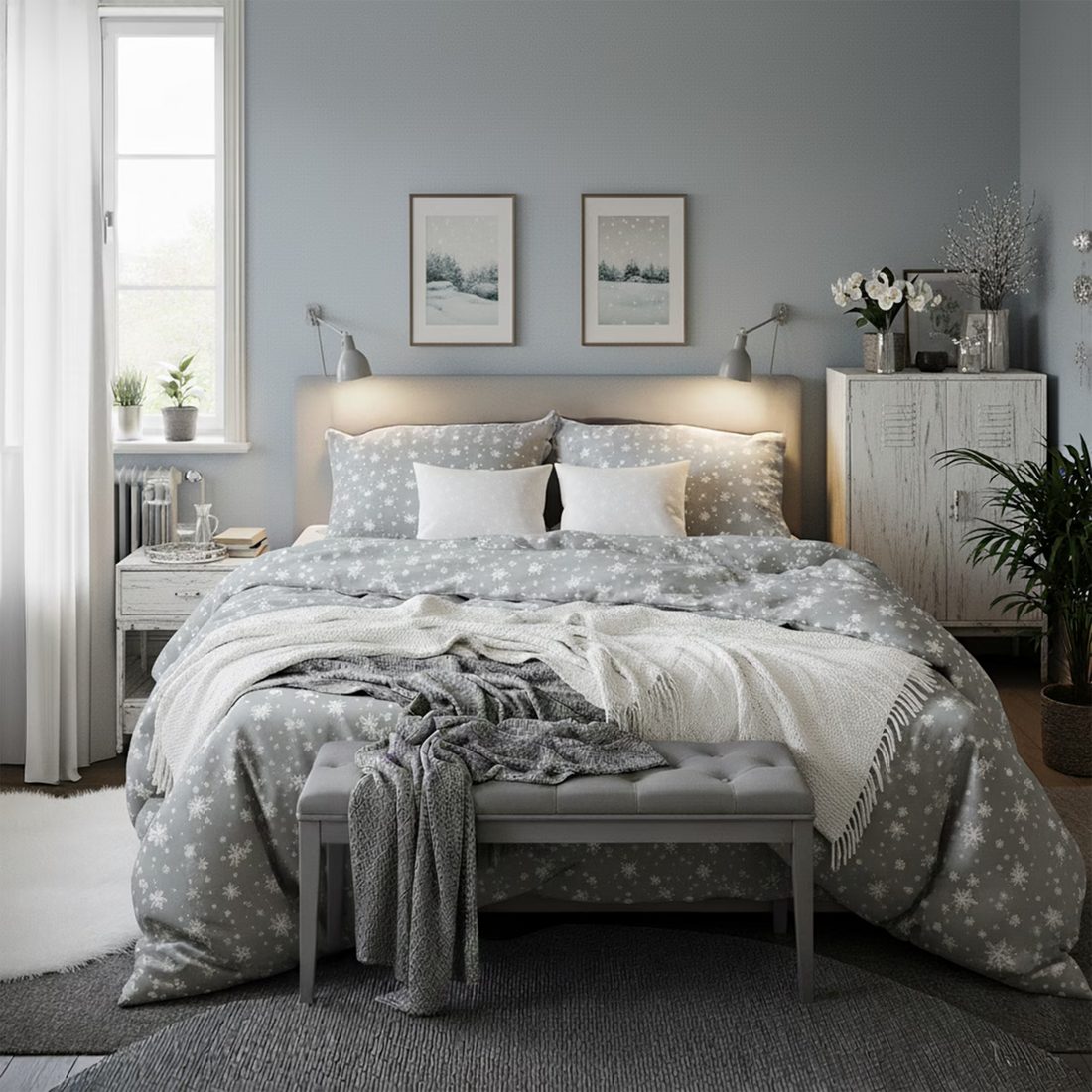 Obliečky FLANEL vločky sivá biela