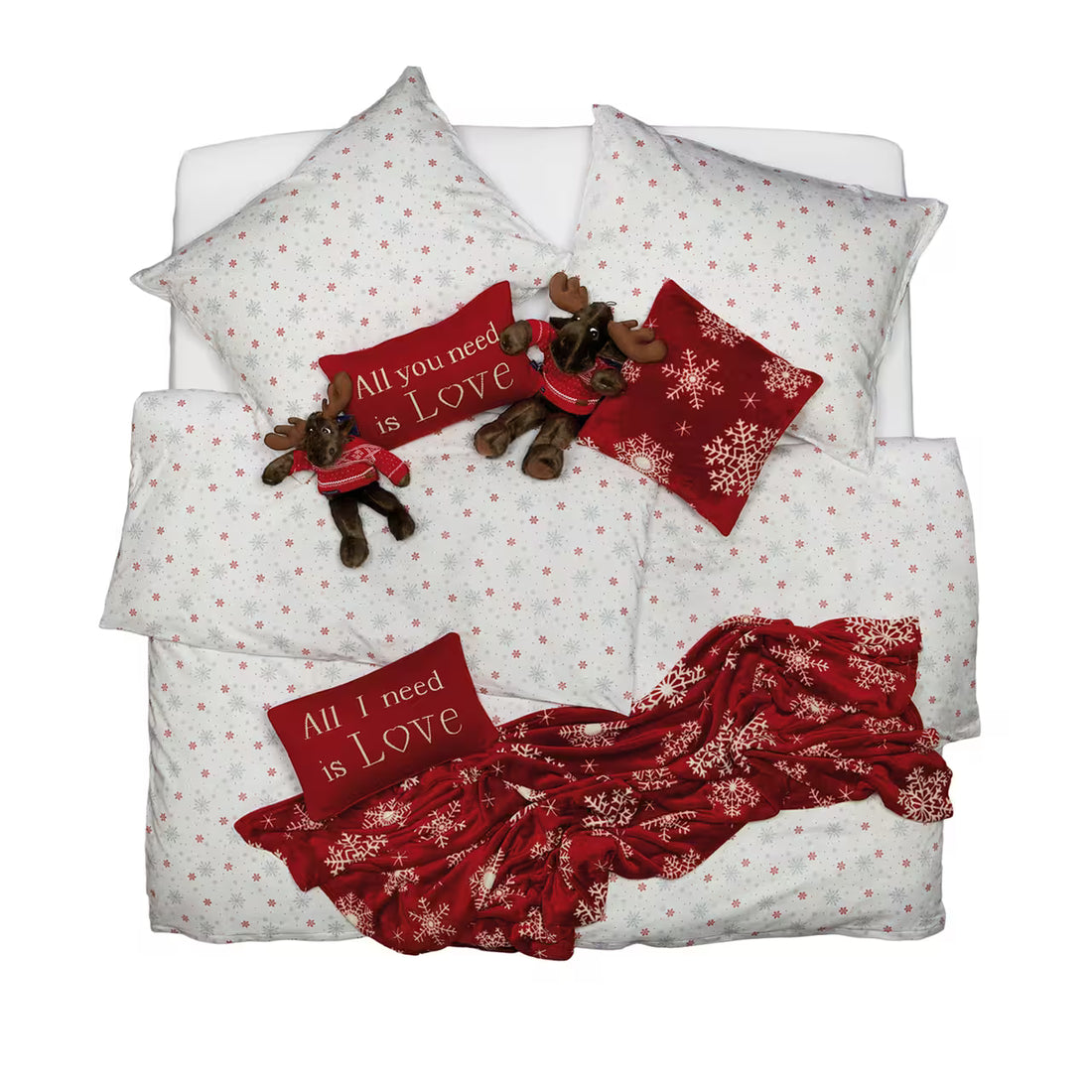 Obliečky FLANEL vločky biela červená sivá