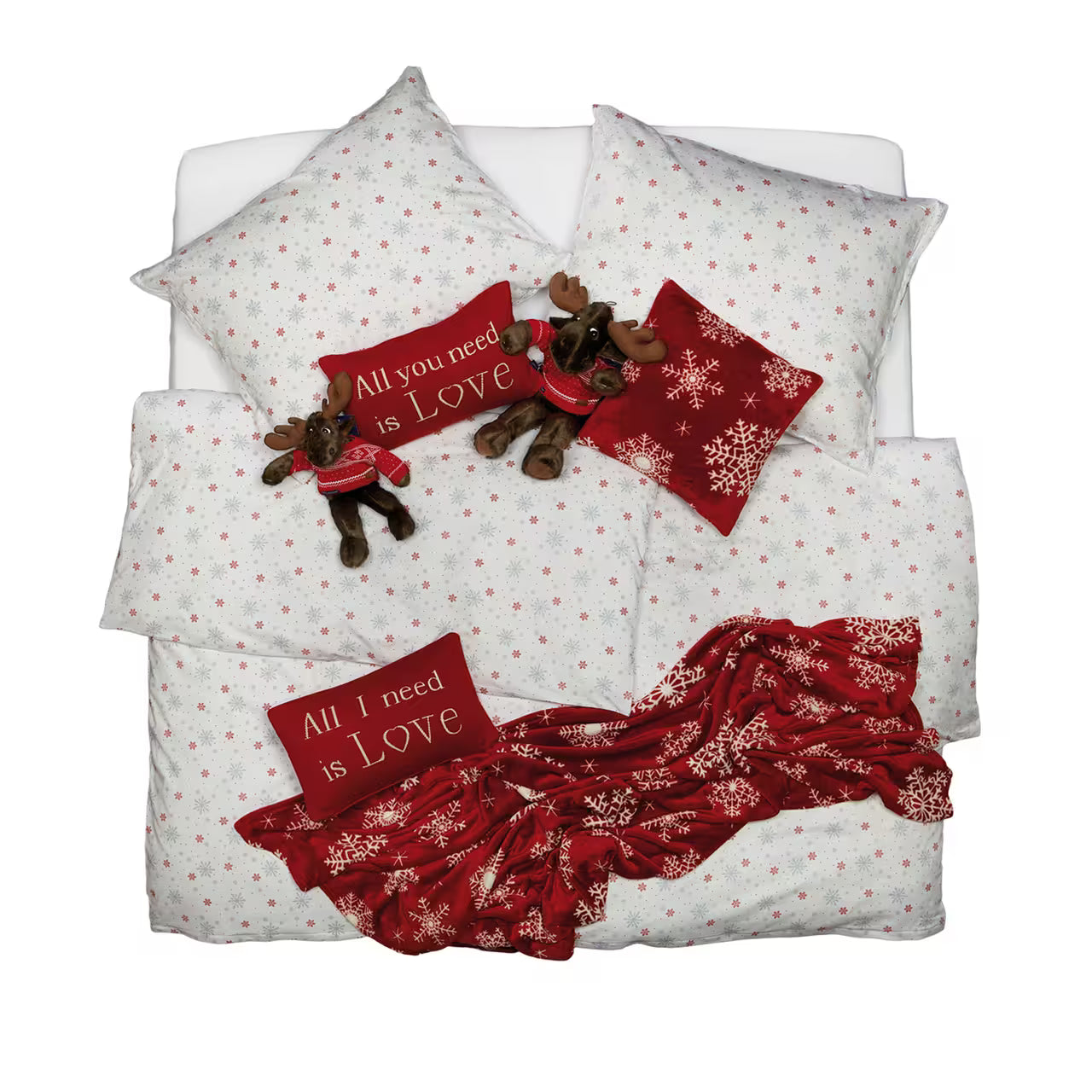 Obliečky FLANEL vločky biela červená sivá