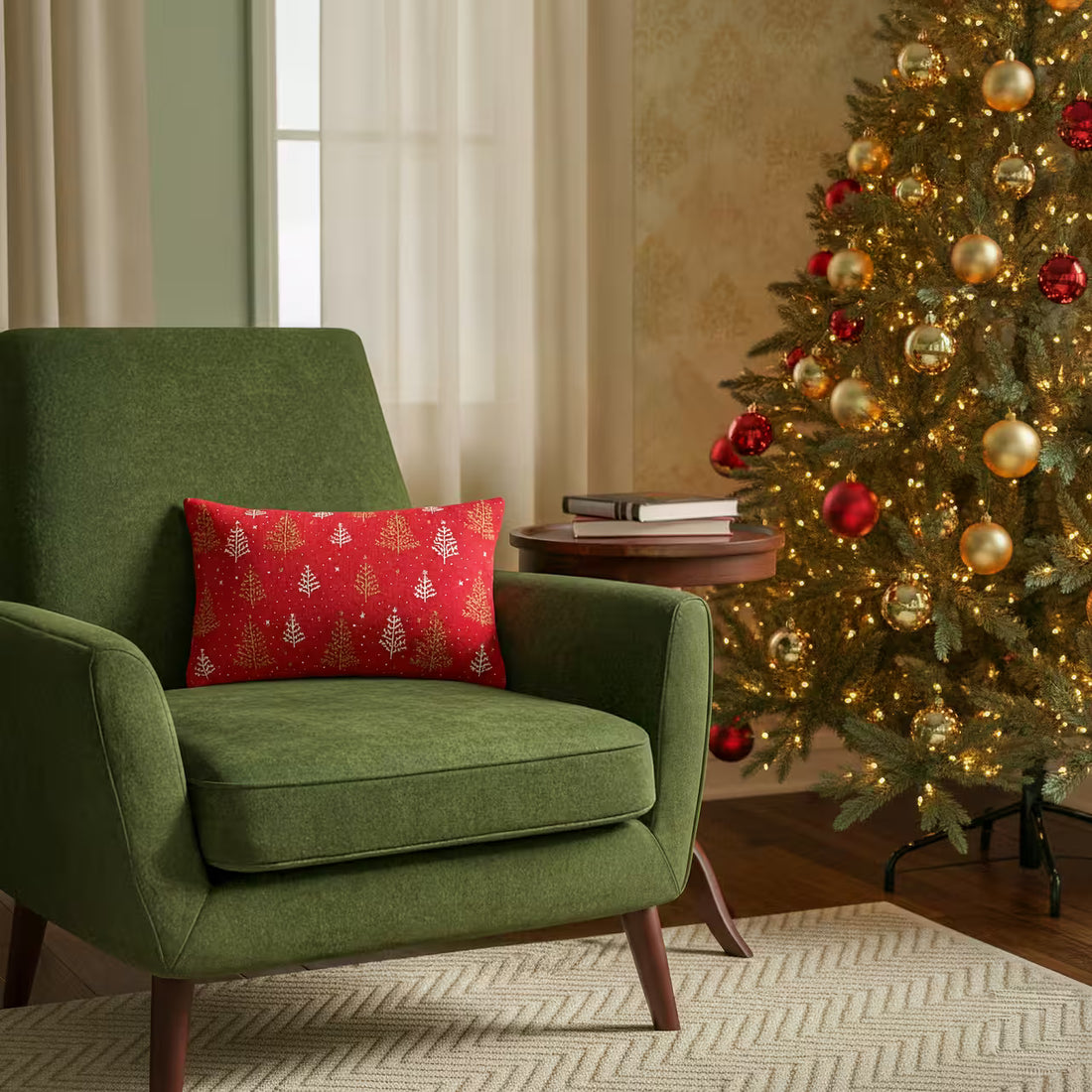 Dekoračný návlek pletený DESIGN LUREX stromčeky červená zlatá