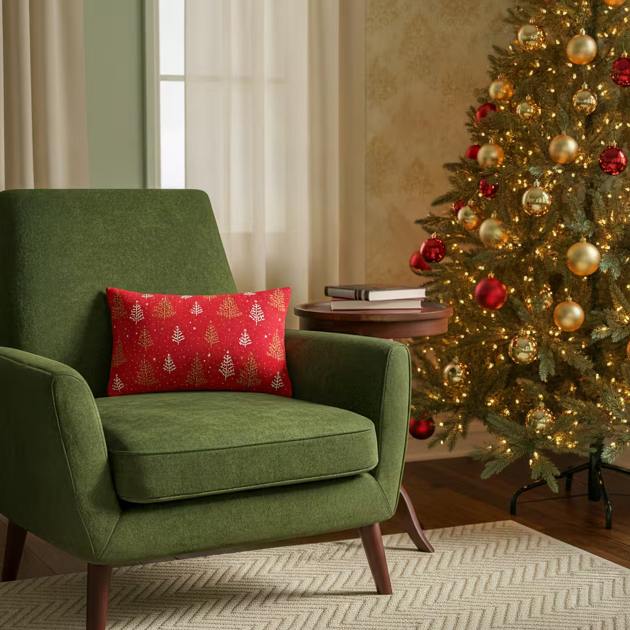 Dekoračný návlek pletený DESIGN LUREX stromčeky červená zlatá