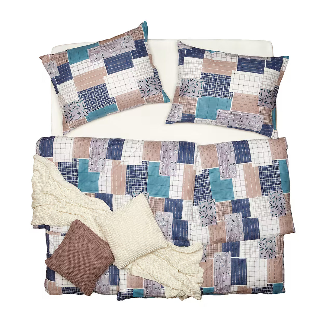 Obliečky KLASIK patchwork modrá biela hnedá