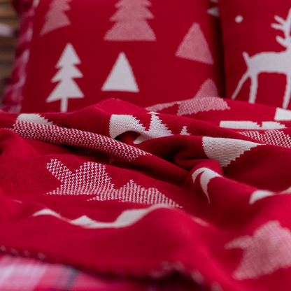 Deka pletená SUOMI stromčeky červená smotanová