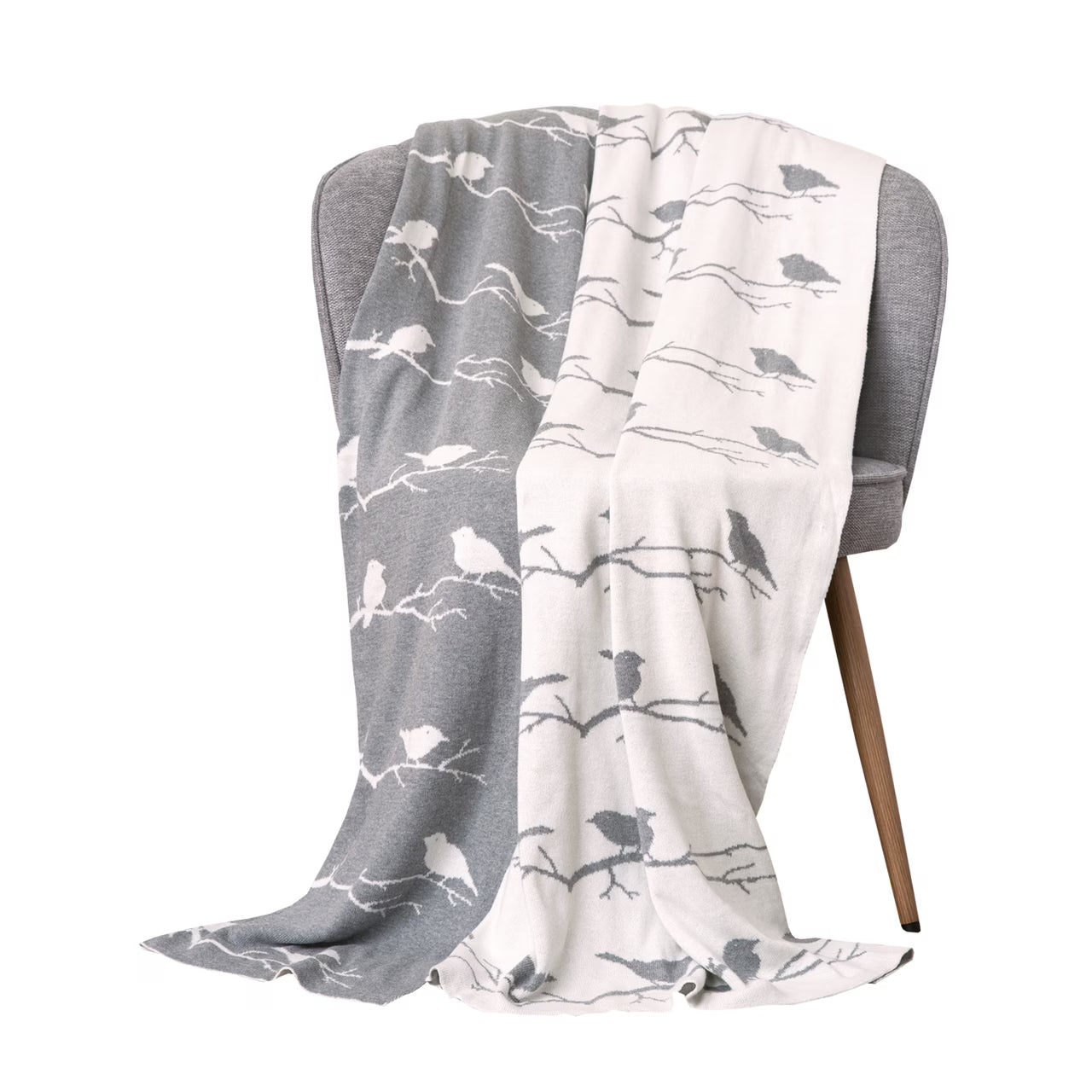 Deka pletená DESIGN vtáčiky sivá